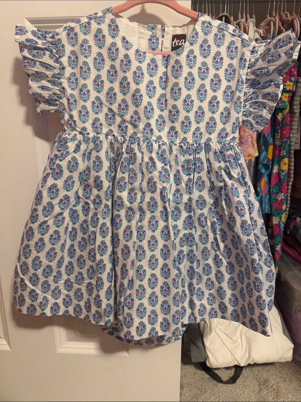 Tea Collection Blue and White Floral Ruffle-Sleeve Dress